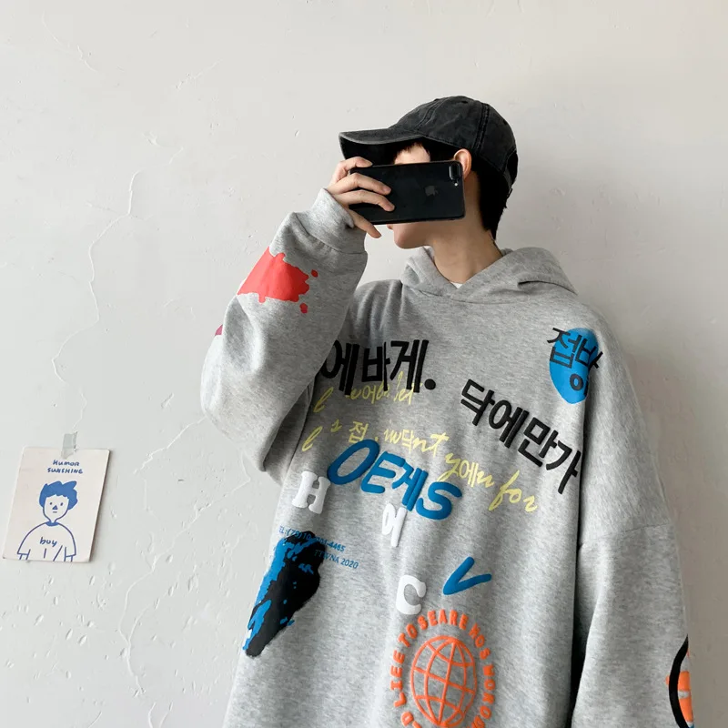 

Autumn and winter men's graffiti letter printed sweatshirt men's Harajuku polar fleece hoodie hip-hop Korean high street style