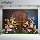 Виниловый фон для фотосъемки новорожденных с изображением садовых цветов винтажной деревянной двери торта