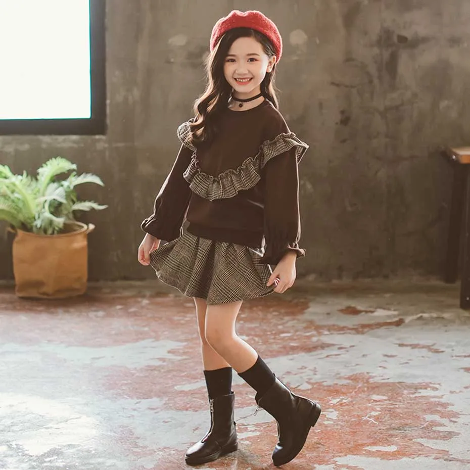 Детская одежда для девочек Толстовка + юбка 2 шт. Лоскутная клетчатая Одежда