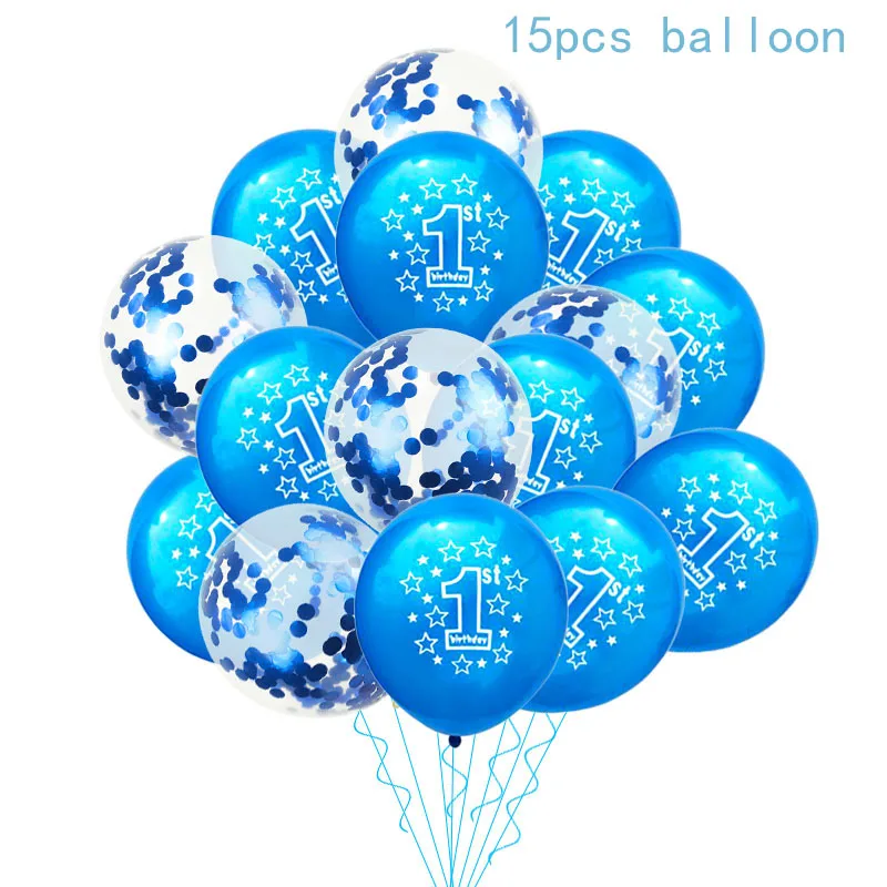 15pcs balloon 10/15 шт, для девочек и мальчиков 1st на день рождения воздушные шарики розового и голубого цвета с конфетти шары из латекса 1 Year Old первый День рождения Декор Baby Shower поставки - Цвет: 15pcs balloon