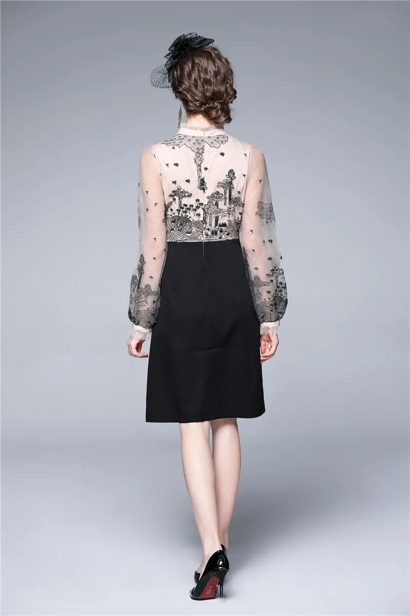 

Women Designer Elegant Stand New Embroidery Patchwork Sexy Slim Office Cocktail Party Robe Ladies Vintage Mesh Dress Vestidos