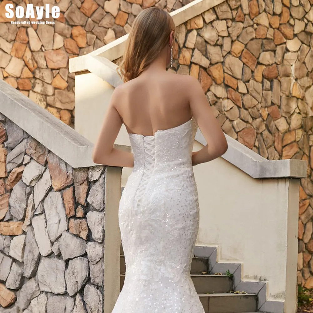 SoAyle #W48 Strapless Sexy Sweetheart Mermaid Dress Lace Backless Long Sleeve Shawl Wedding Gown Luxury Beaded Vestido De Novia