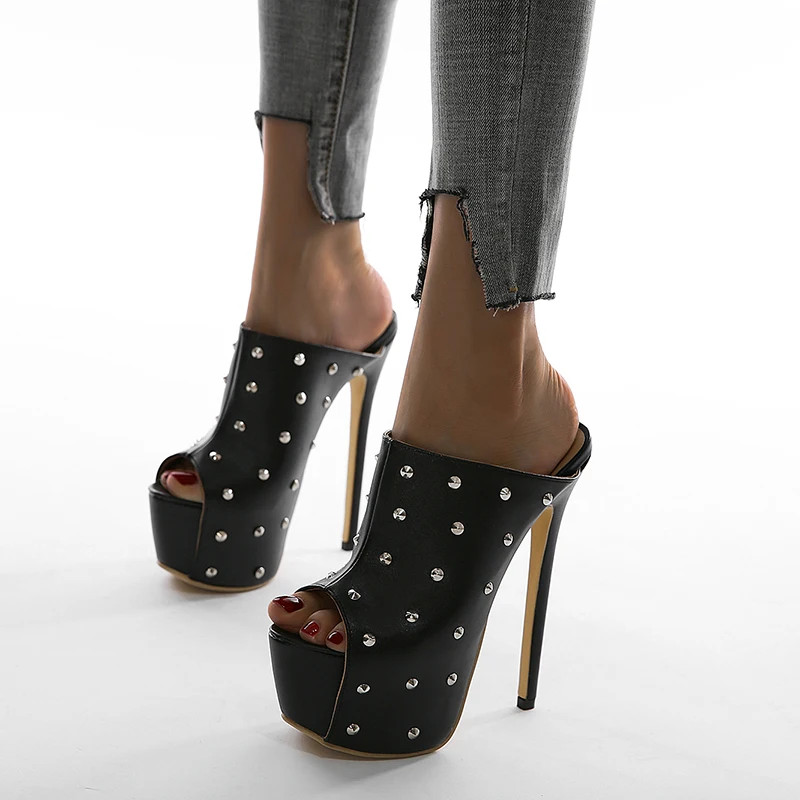 

Fashion Women Slides Peep Toe Platform Shoes Super High Heels 16cm Slippers Sexy Rivet Design Mules Shoes Black Pumps Size 35-42