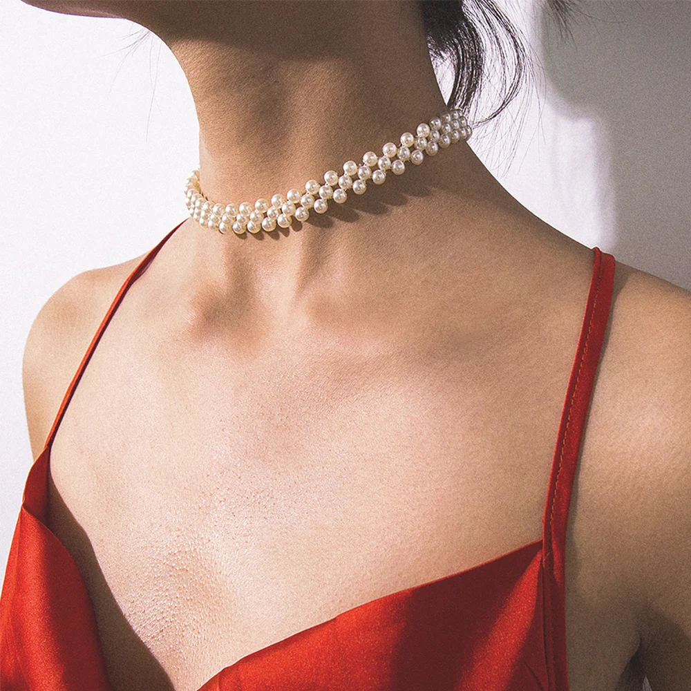 

Bohemian Multi Layer Simulated Round Pearl Choker Necklace Collar Statement Clavicle Chain Necklace Women Wedding Jewelry
