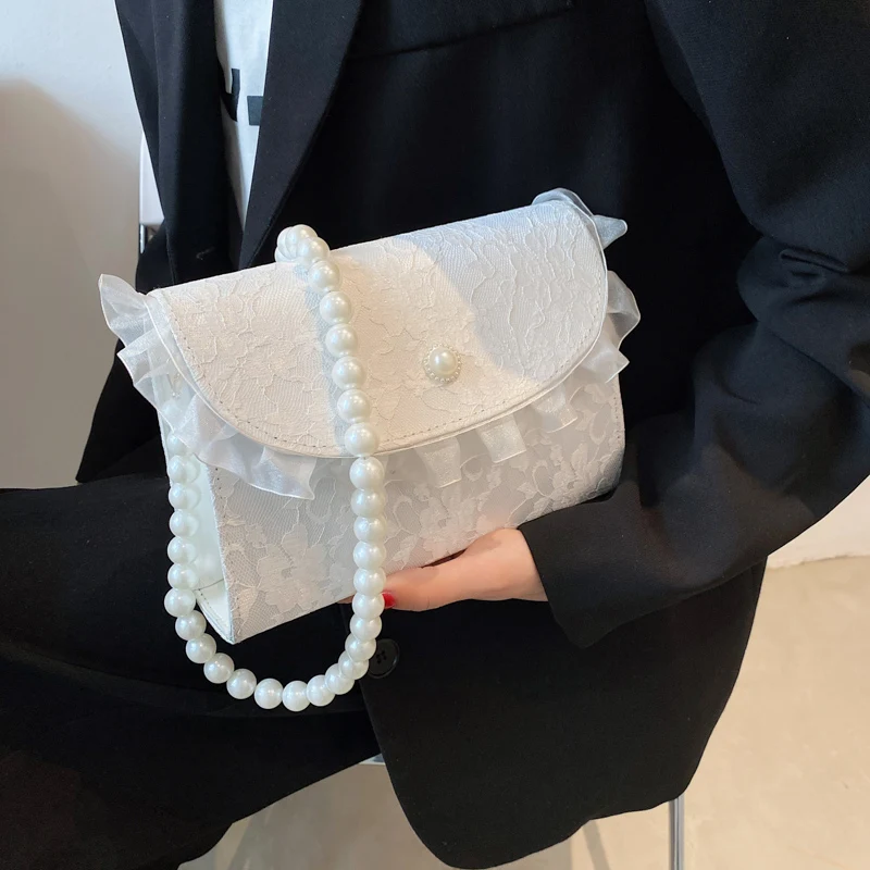 

Female Shoulder Bag White Lace Gauze Fairy Gentle Sweet Temperament Pearl Chain Handbag Party Collocation 2021 New Wholesale