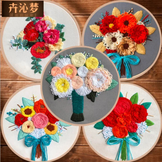 

20x20cm Flowers European embroidery kit simple three-dimensional embroidery Ribbon kit embroidery needlework
