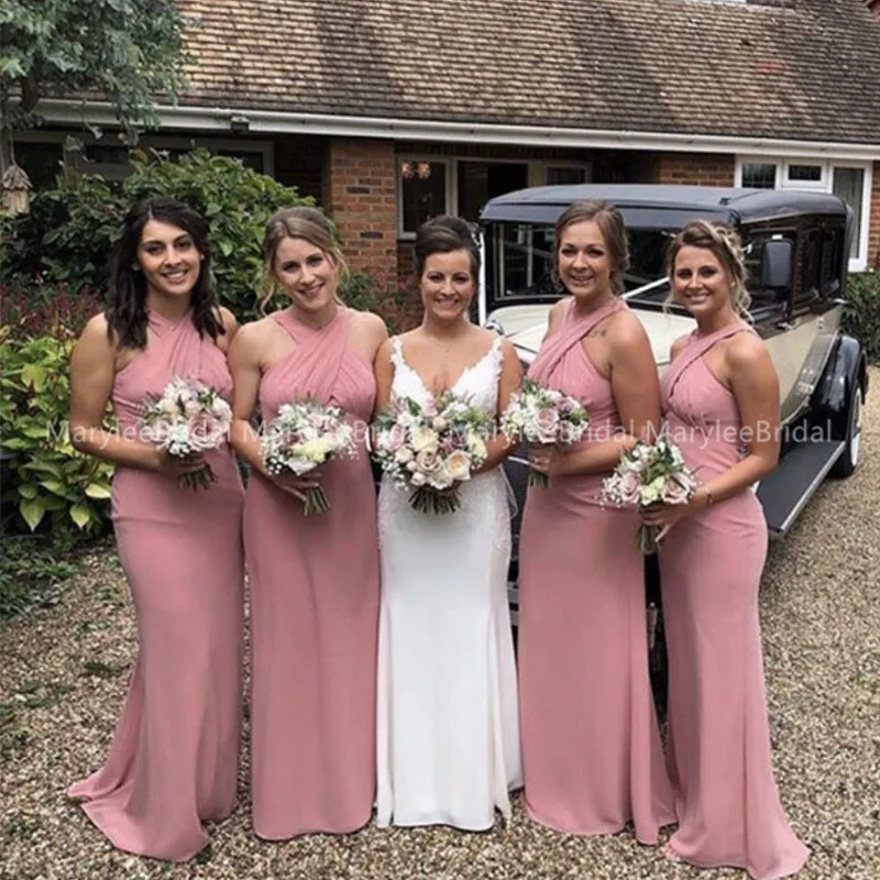 

Crisscross Straps Flesh Pink Bridesmaid Dress Mermaid Style Sleeveless Long Maid Of Honor Dress Simple Vestido De Dama De Honra