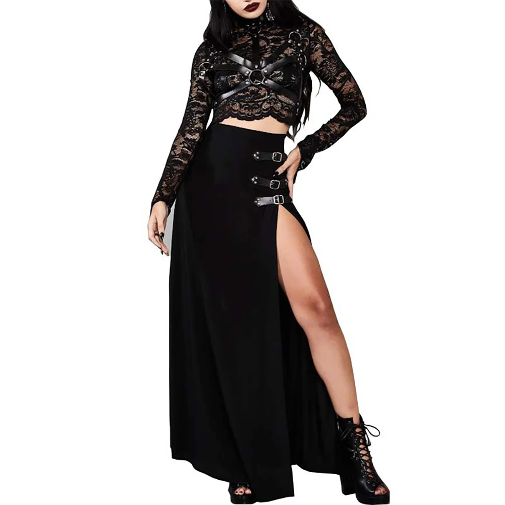 Готическая Женская однотонная длинная юбка до щиколотки с разрезом сбоку и