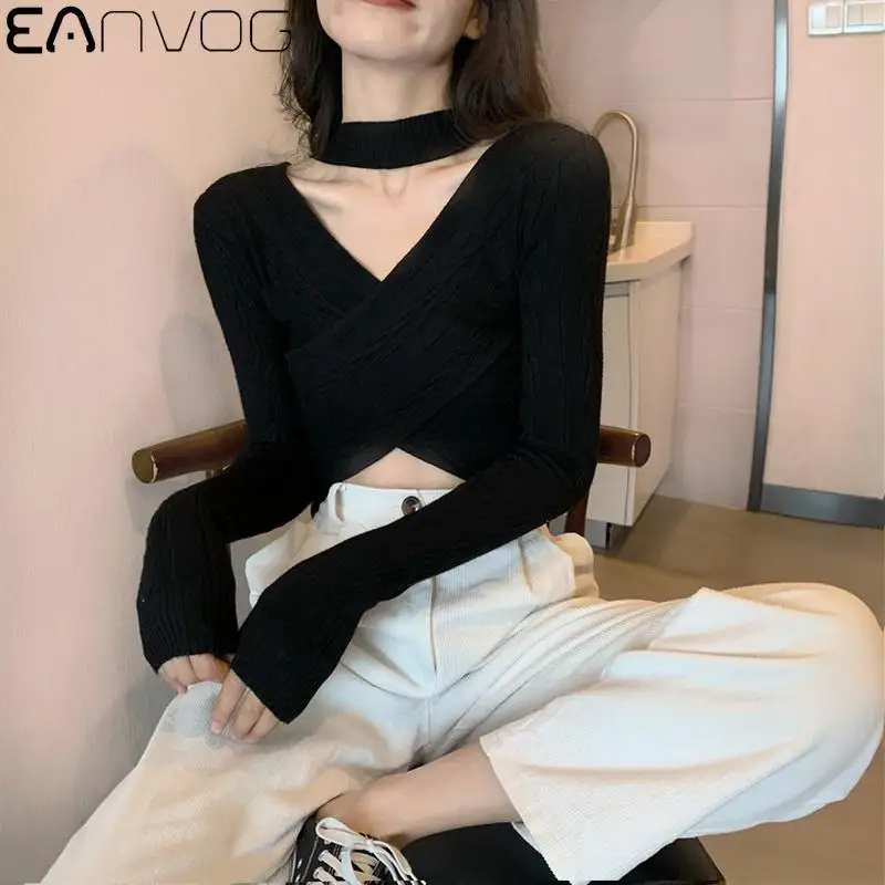 

2021 Spring Autumn Women Cross Halter Sweather Sexy Solid Long Sleeve V-Collar Tight Short Sweater Ladies Jumper Pullover Tops