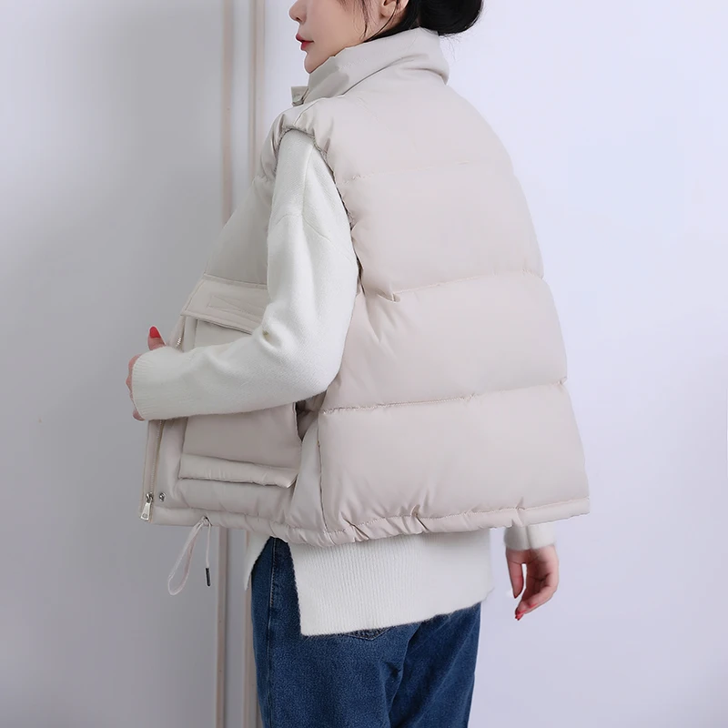 

Stand Collar Winter Women's Short Style Vest Solid Cotton Padded Thick Sleeveless Jacket Women Big Pockets Casual Outwear Ladies