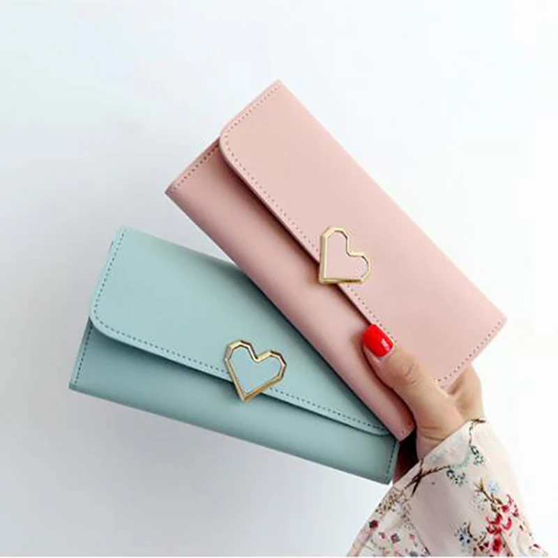 

New Cute PU Leather Purse Heart-Shaped Decoration Long Multi-Card Wallet Purse Buckle Clutch Mobile Phone Student Women's Wallet