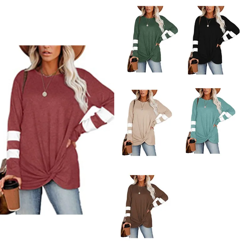 

2021 Fall Ladies Female Clothing T-shirt Round Women's Blouse Neck Color Block Long Sleeve Casual Twisted Fashion Commute Tops