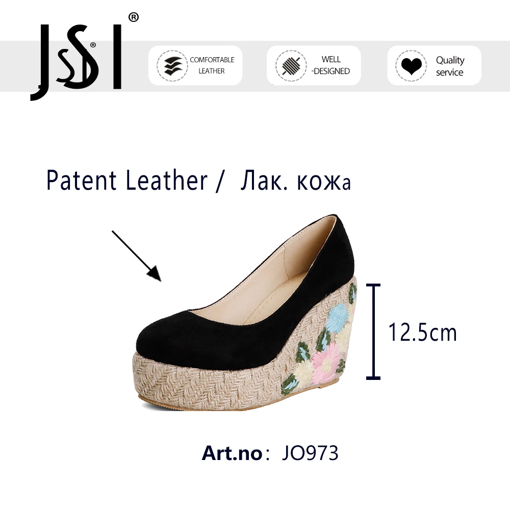 

JSI Pumps Woman High Platform Shallow Flock Round Toe Super High Wedge Straw Embroider Flowers Lady Dress Shoes JO973