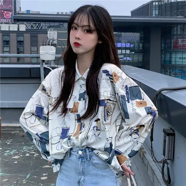 

Korean Harajuku Women Shirts Plus Size Shirt Vintage Loose Chiffon Printing Long sleeve Top Clothes Spring Blusas Streetwe XZ739
