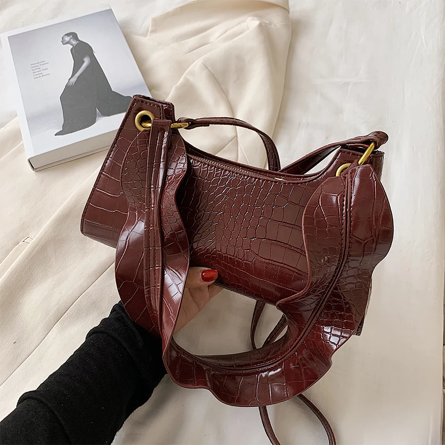 vintage bags crocodile pattern shoulder crossbody bags for women pu leather design wide shoulder straps handbags free global shipping