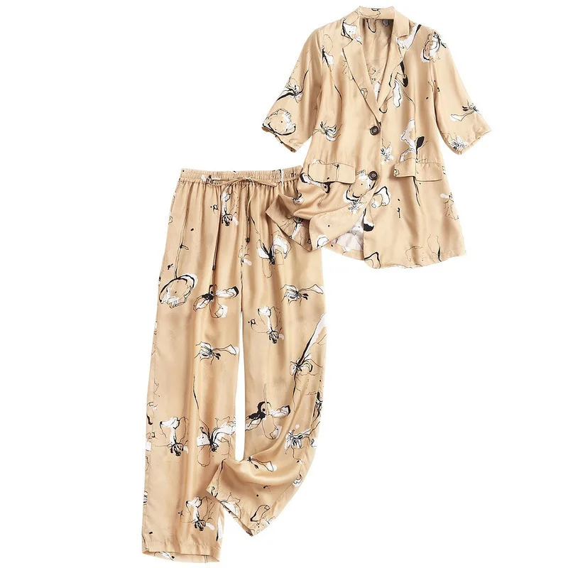 

2020 Spring Summer Office Set Suit Runway Club Outfits Half Sleeve Print Blazer + Straight Pants Suit Women 2 Piece Women