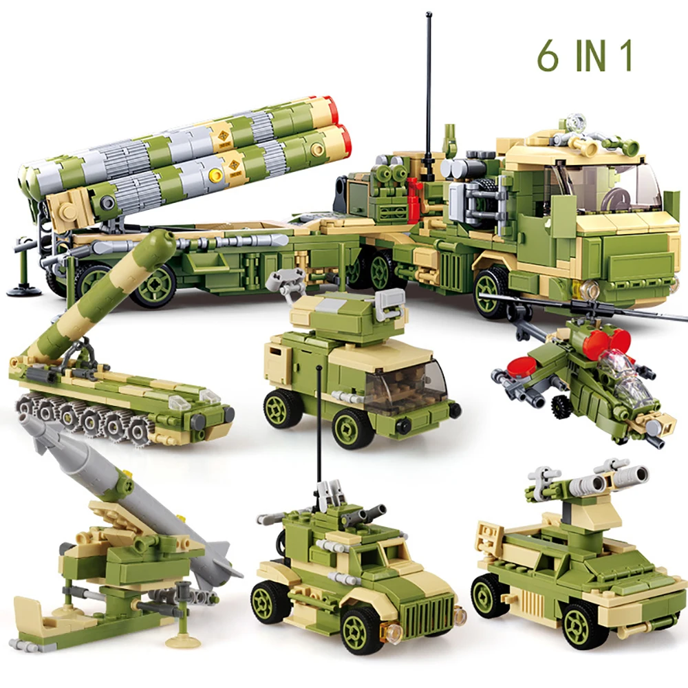 

Military guided missile model building blocks bricks Armored Vehicles panzer 6 in 1 Rocket launch helicopter camion army weapon