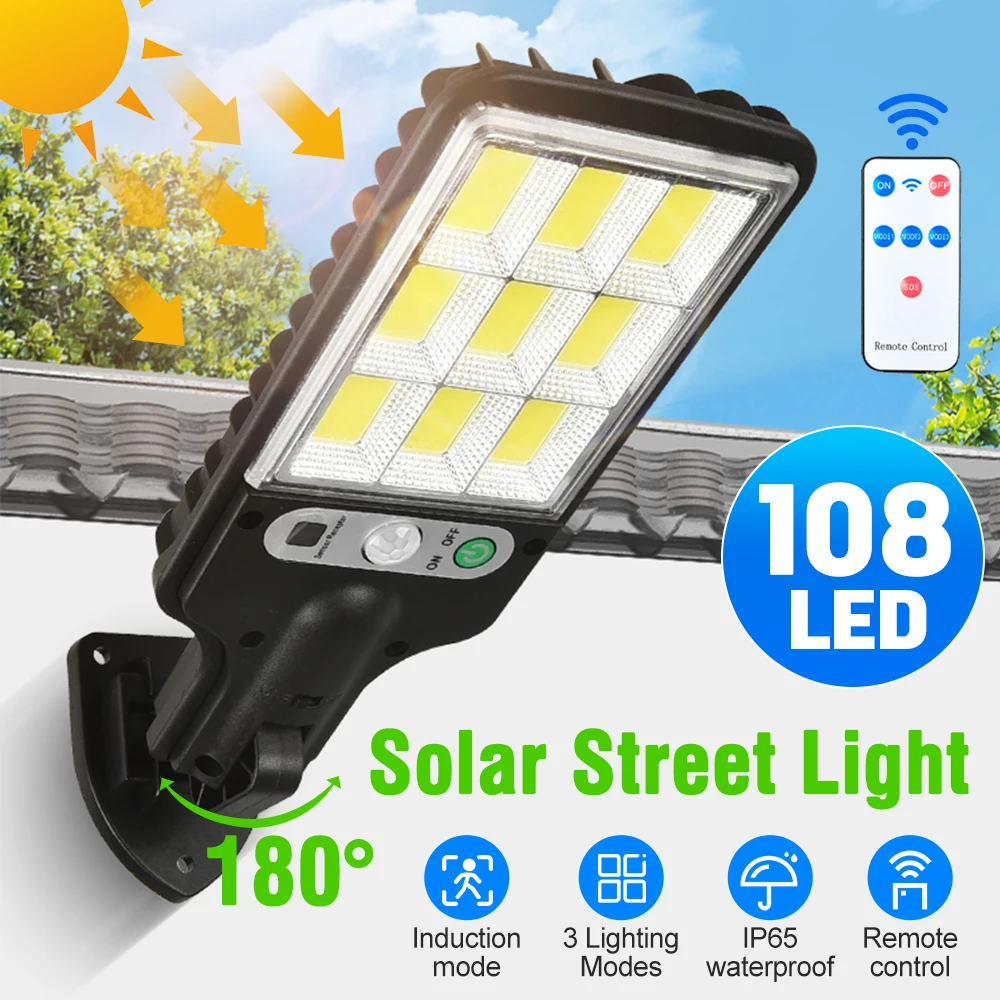 

108LED Outdoor Solar Street Lights Wall Light 3 Lighting Modes PIR Motion Sensor LED Lamp Sensor Security Lighting for Garden