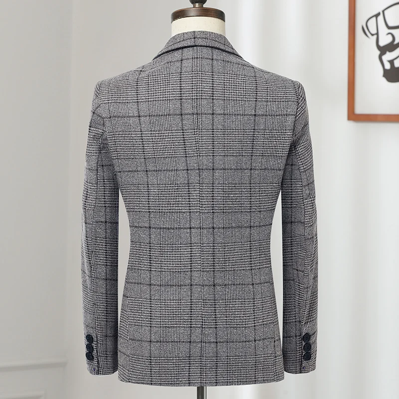 

2021 British Man Slim Fit Office Blazer Jacket High Quality Fashion Grey Plaid Suit Wedding Dress Coat Casual Business