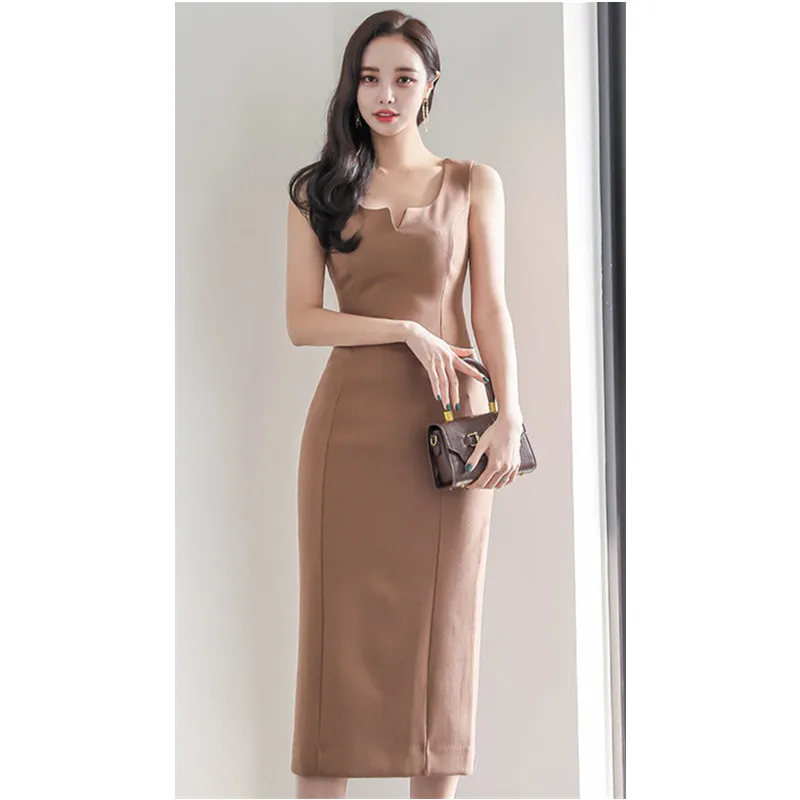 

2021 New Korean Style Temperament High-End Women's Sexy V-Neck Sleeveless Slim Dress