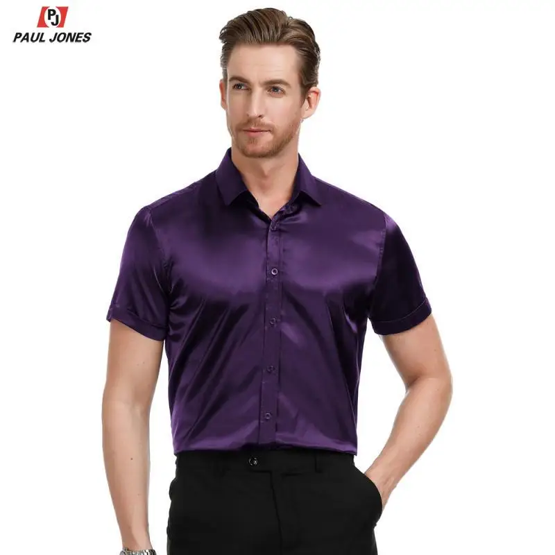 Мужская приталенная атласная рубашка с коротким рукавом PAUL JONES Повседневная