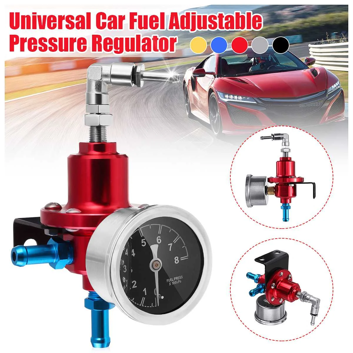 

Universal Adjustable Fuel Pressure Regulator With Gauge Kit Aluminum Red/Blue/Gold/Silver/Black/Titanium
