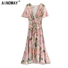 Винтажное шикарное женское платье в стиле хиппи, розовое богемное платье с цветочным принтом и глубоким V-образным вырезом, женские платья макси в стиле бохо с коротким рукавом, платья