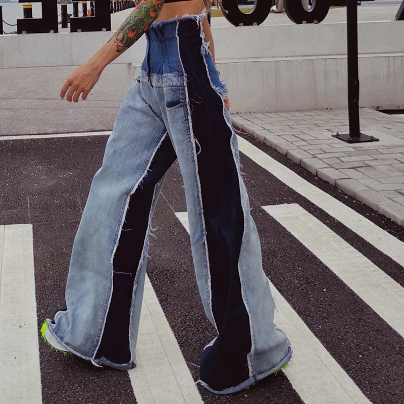 Женские широкие джинсы с высокой талией потертые расклешенные цветными блоками |