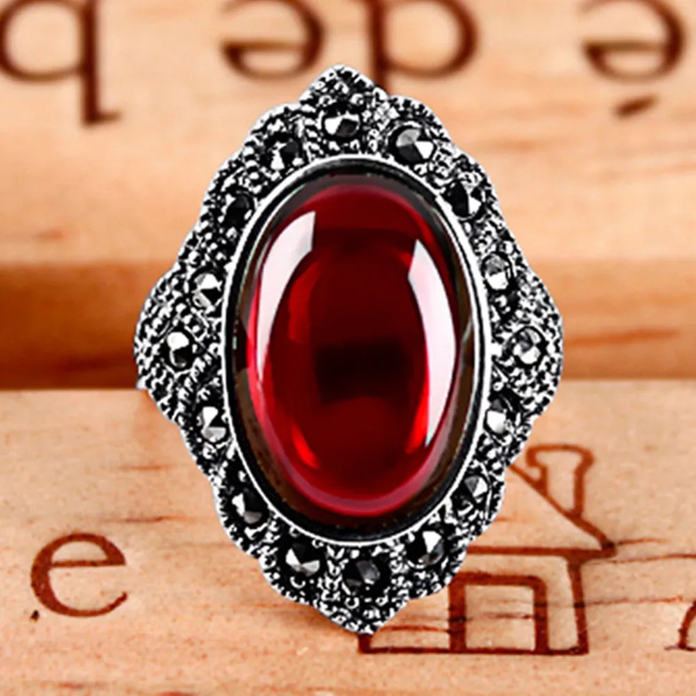 Big gemstone green jade&red onyx rings for women vintage emerald&ruby stone Thai sterling silver elegant jewelry antique gift