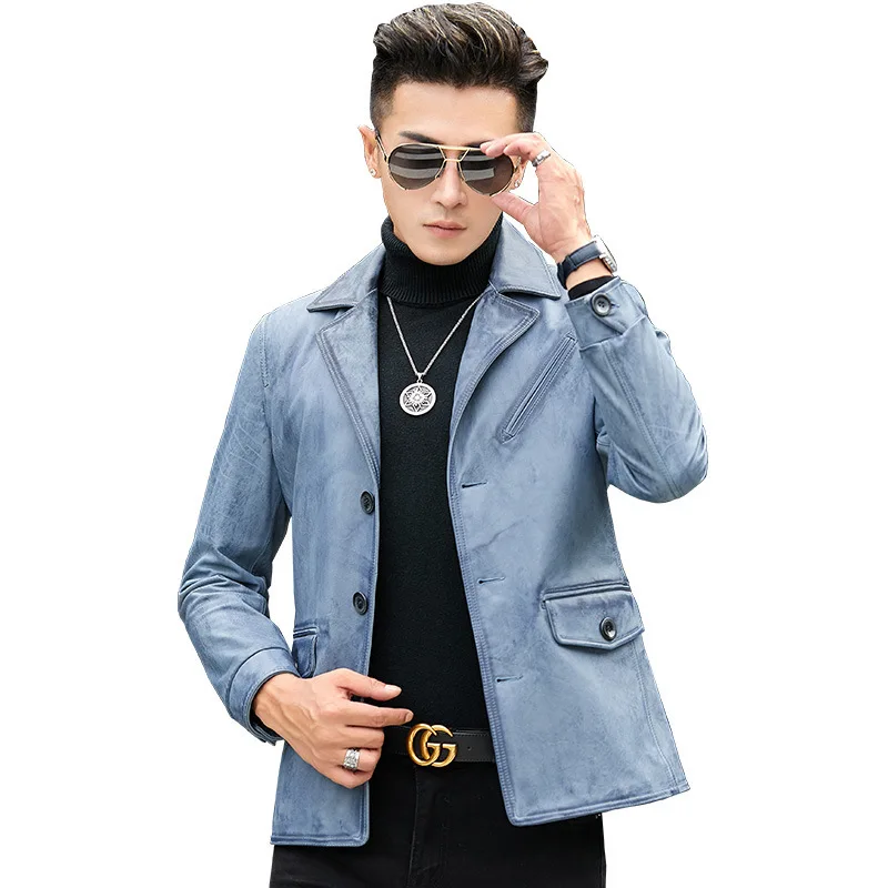 

Haining leather jacket men's top layer Leather Slim suit autumn winter casual coat youth soft leather jacket coat