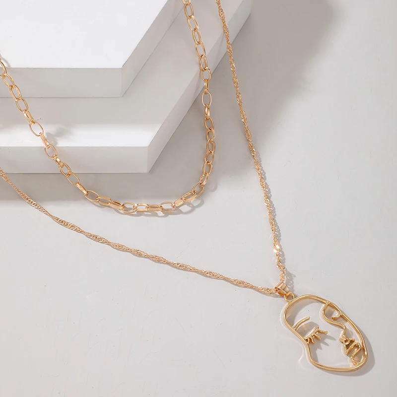 

HuaTang Vintage Gold Color Face Pendant Necklace for Women Punk Double Layer Guban Clavicle Chain Choker Female Party Jewelry