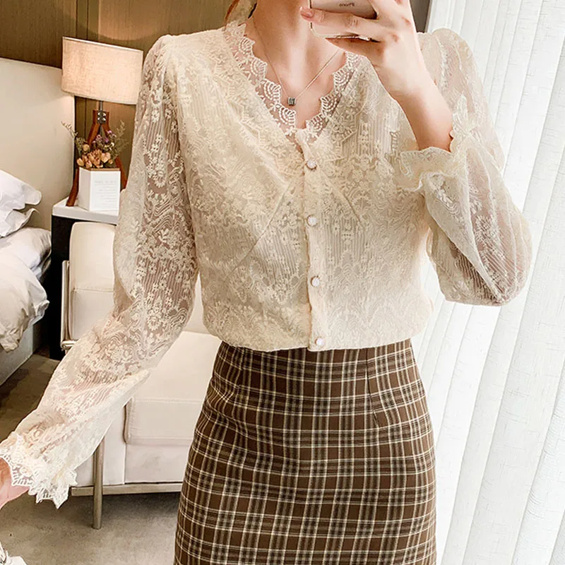

Clothing Femme Elegant Fashion Lace Top Autumn Hollow V-neck Long-sleeved Shirt Women's Blusas Female Solid Top Mujer white 2315