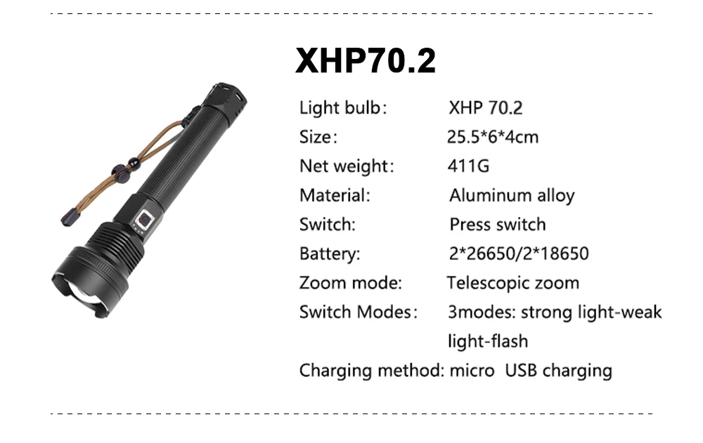 Мощный светодиодный фонарик с XHP 70,2, лампа с бусинами, масштабируемый, 3 режима освещения, светодиодный фонарь, USB Перезаряжаемый, для кемпинга, охоты, лампа