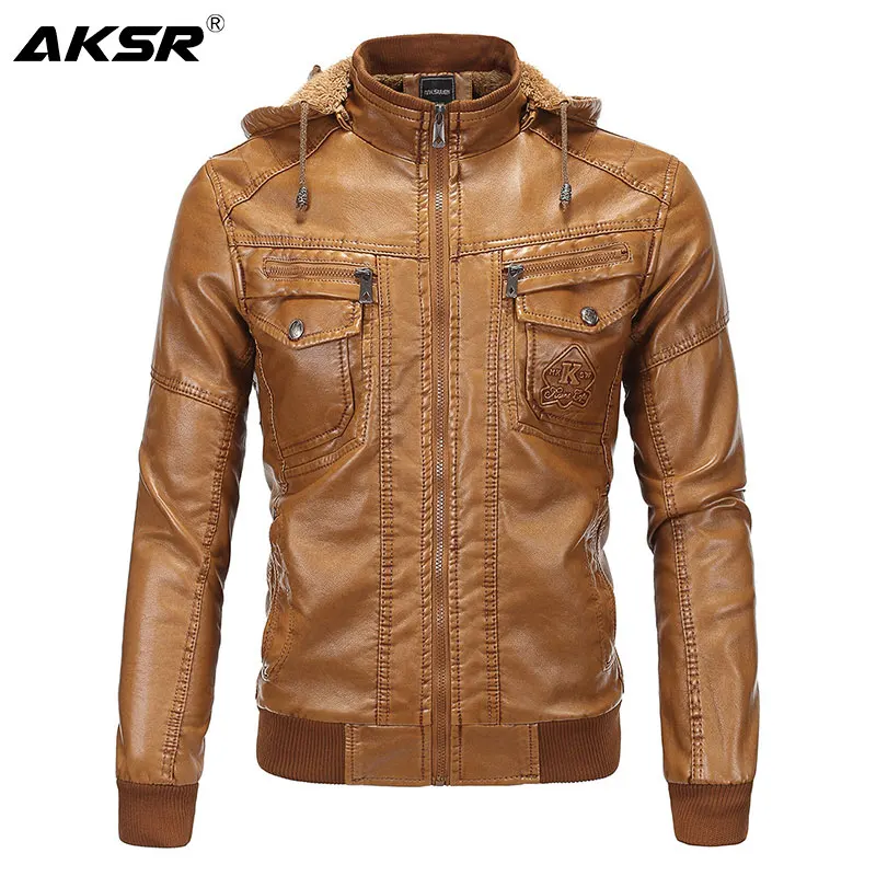 Куртка мужская из искусственной кожи Толстая теплая Байкерская кожаная куртка с