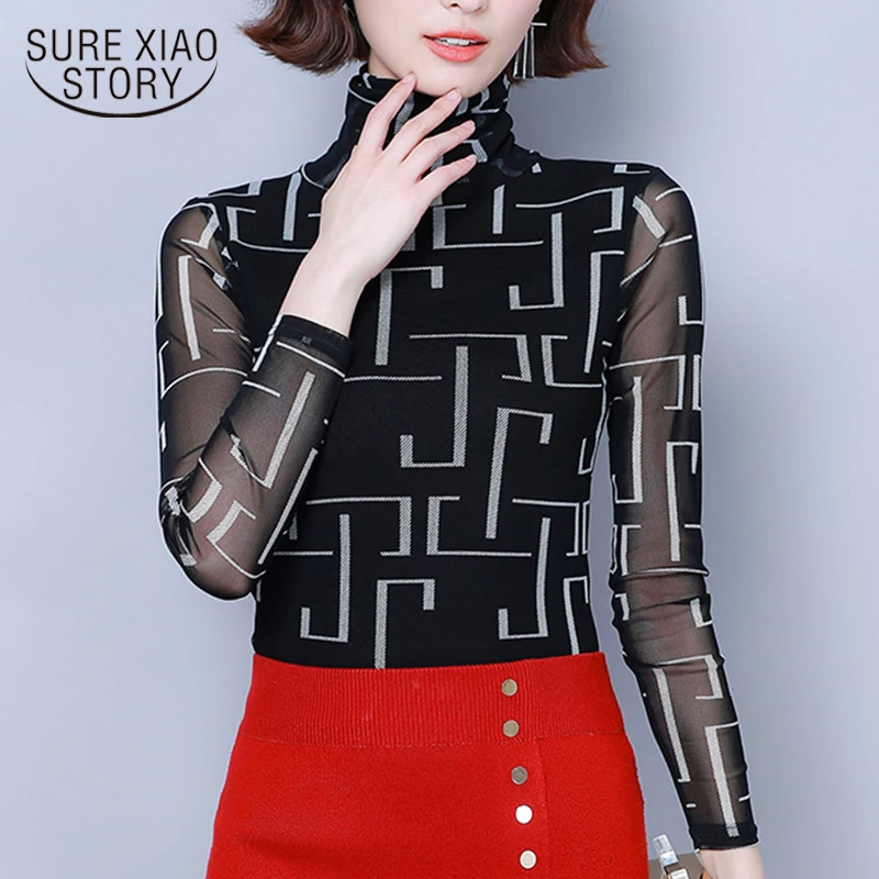 Осенняя водолазка с принтом блузка размера плюс женские рубашки длинным рукавом