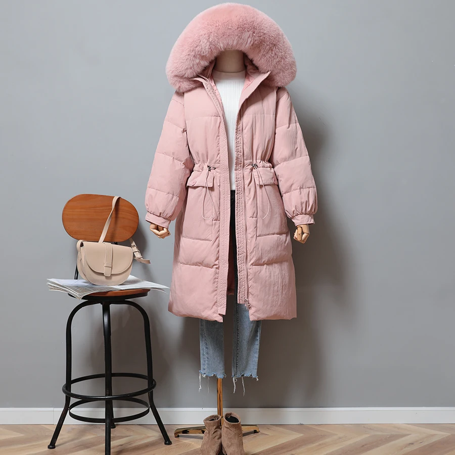 

Winter Artificial Fur Hooded Long Jacket Women White Duck Down Coat Loose Thick Parkas Snow Outwear Adjustable Waist