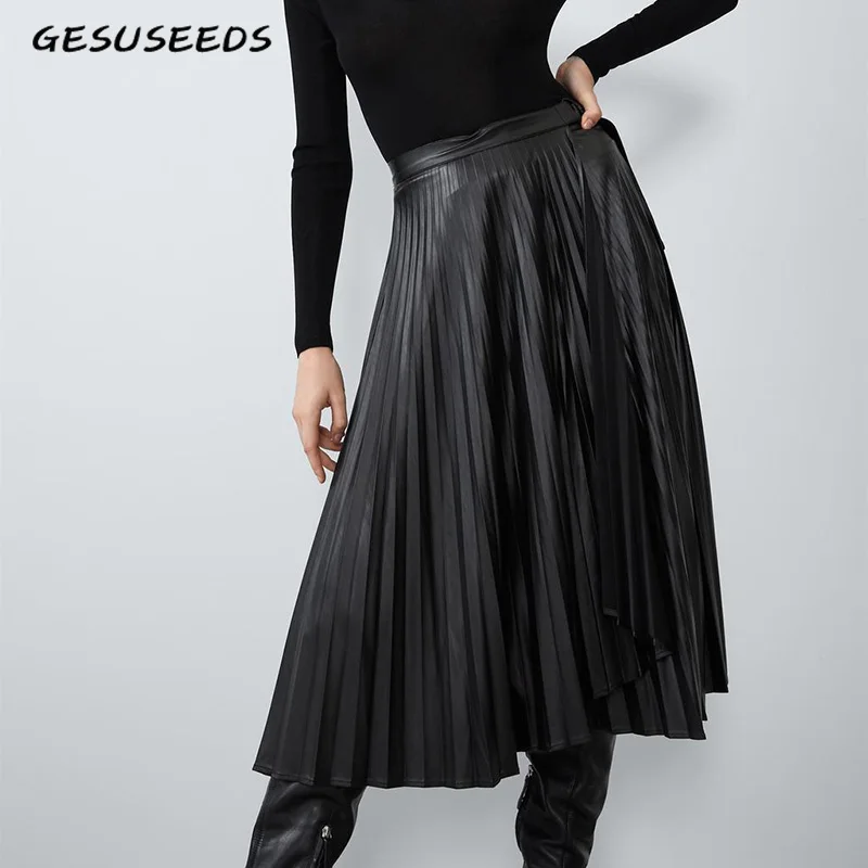 Женская плиссированная юбка из искусственной кожи винтажная длинная средней