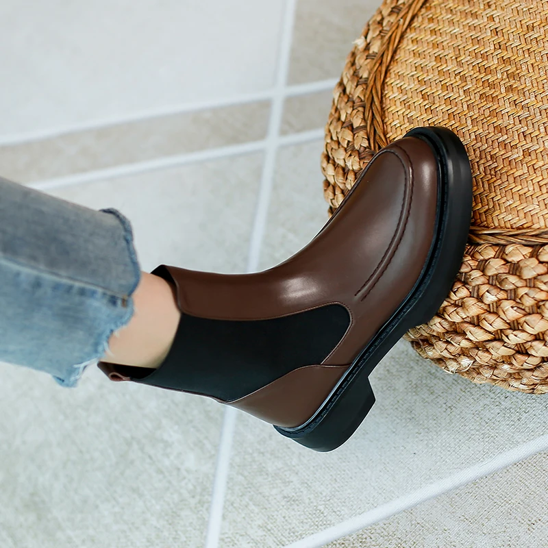 

Autuspin Mixed Color Motorcycle Boots for Women Korean Fashion Cow Leather Round Toe Platform Shoes Female Elastic Band Booties