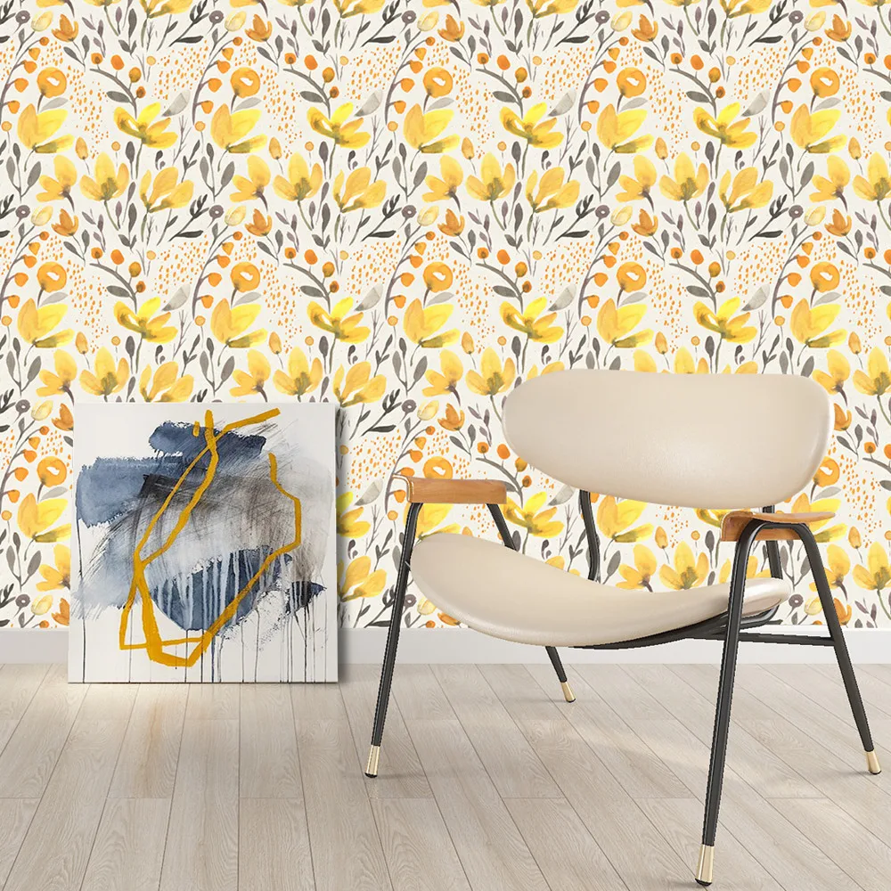 Виниловые самоклеящиеся обои ручной работы бесшовные желтые цветочные Kapok для