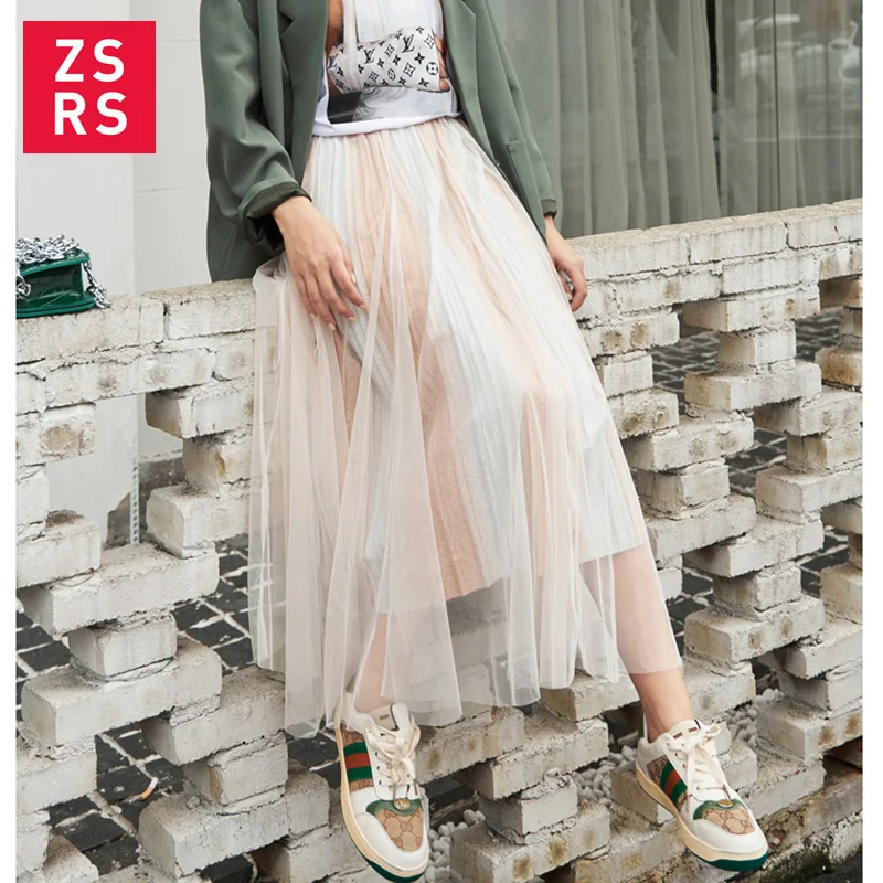 Zsrs 2020 New Spring Autumn Fashion Women's High Waist Pleated Solid Color Half Length Elastic Skirt Promotions Lady Blue Pink | Женская