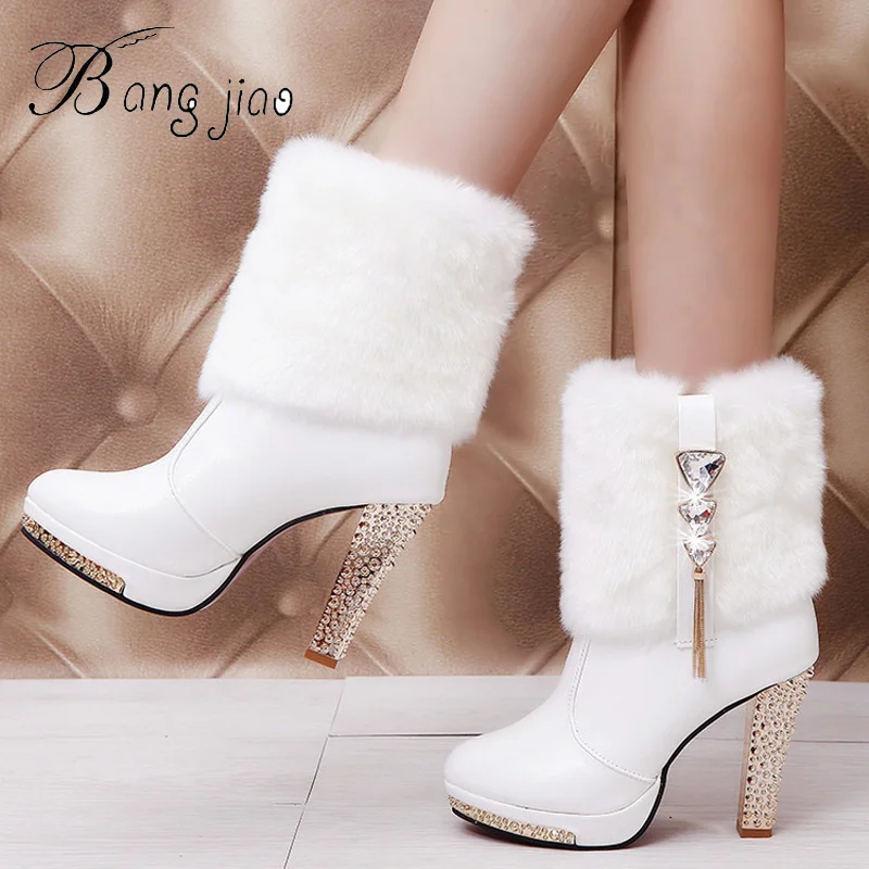 

BANGJIAO Bling High Heels Rabbit Fur Boots Women Plush Warm Platform Shoes Elegant Crystal Lady Wedding Party High-heeled Shoes