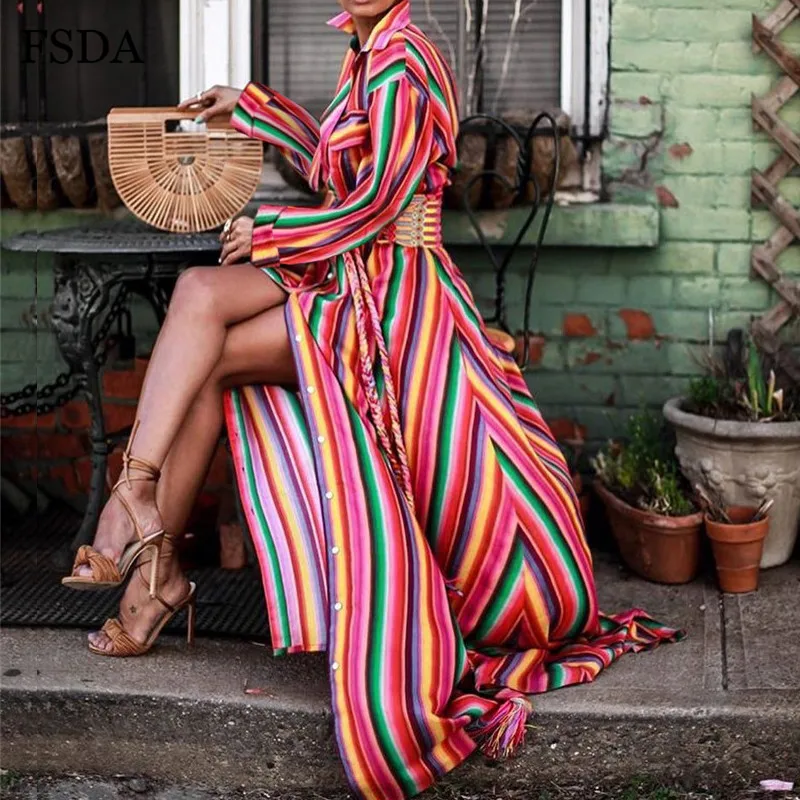 Женское платье рубашка FSDA винтажное длинное в полоску с длинным рукавом и