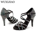 Женские туфли для латиноамериканских танцев WUXIJIAO, цветные атласные Стразы с блестками, кубинские туфли на высоком каблуке 9 см