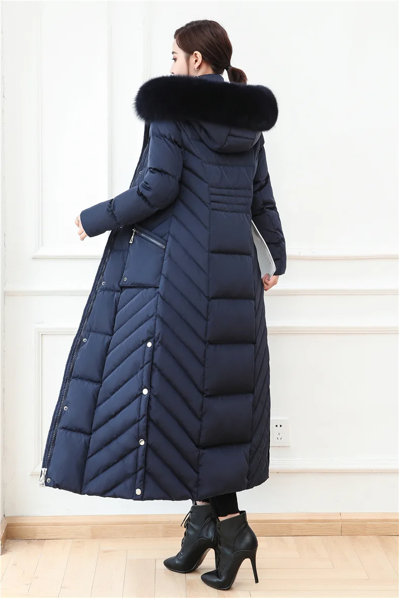 S- 4XL plus size Winter over the knee X-long 90% Duck down coat female X-Long thick warm Down Jacket real fox fur Parkas F442
