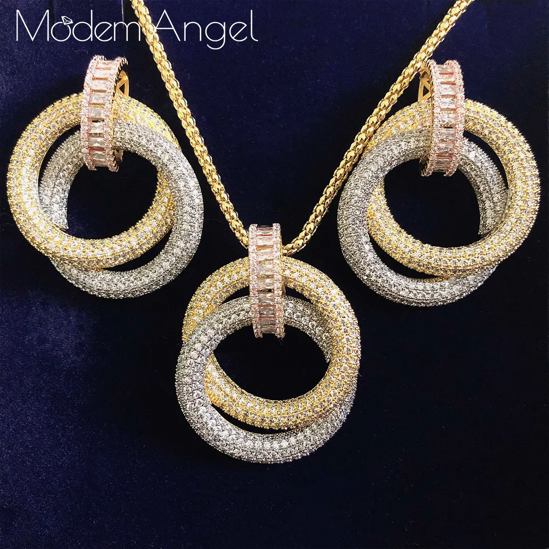 

ModemAngel Luxury Twist Braided Lines Copper AAA Cubic Zirconia Pendant NECKLACE EARRINGS For Dubai Women High Quality Jewelry