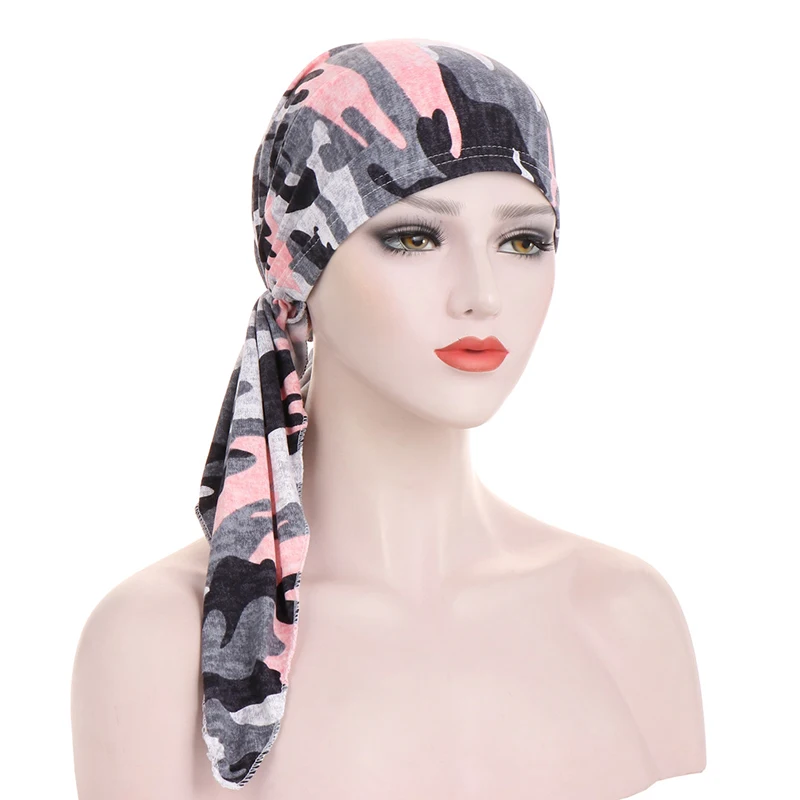 

Floral Leopard Print Turban Hat Turbantes Caps Head Wrap Folding Beanies Headwear Cap Muslim Women Cotton Hats with Tails