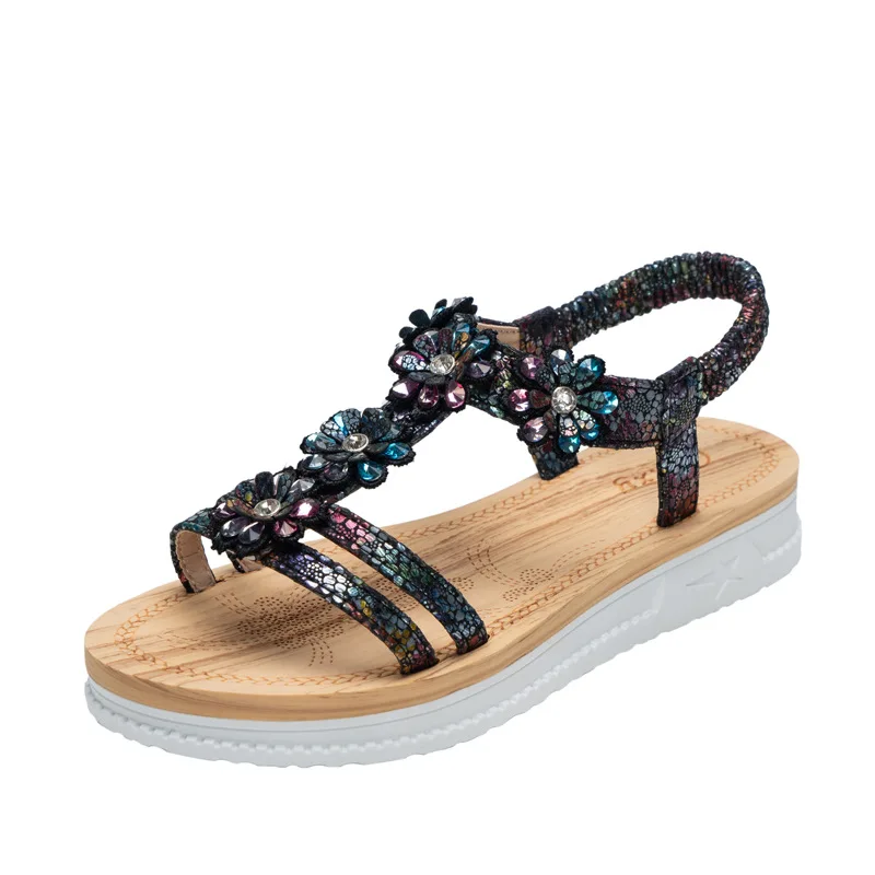 

Summer 2021 Sweet Sandals Women Bohemia Diamond Flower Big Yards Flat Shoes Beach Shoes zapatillas mujer