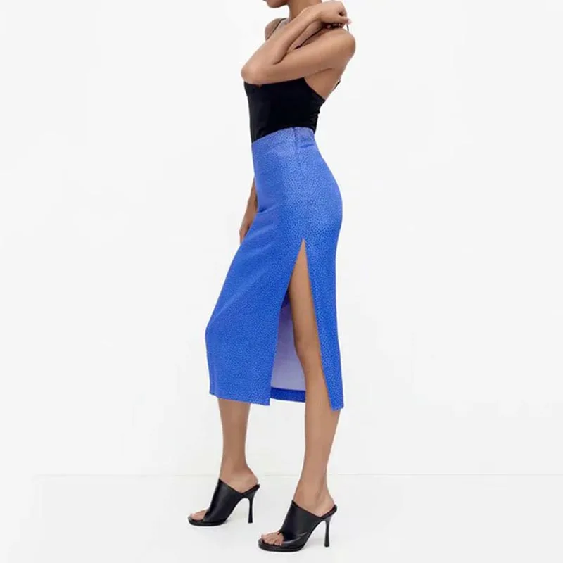 

Za Summer Mini Skirts Polka Dot Sexy Split Blue Black Dots Skirt Elegant High Waist Street Sexy Style Women's Bottoms