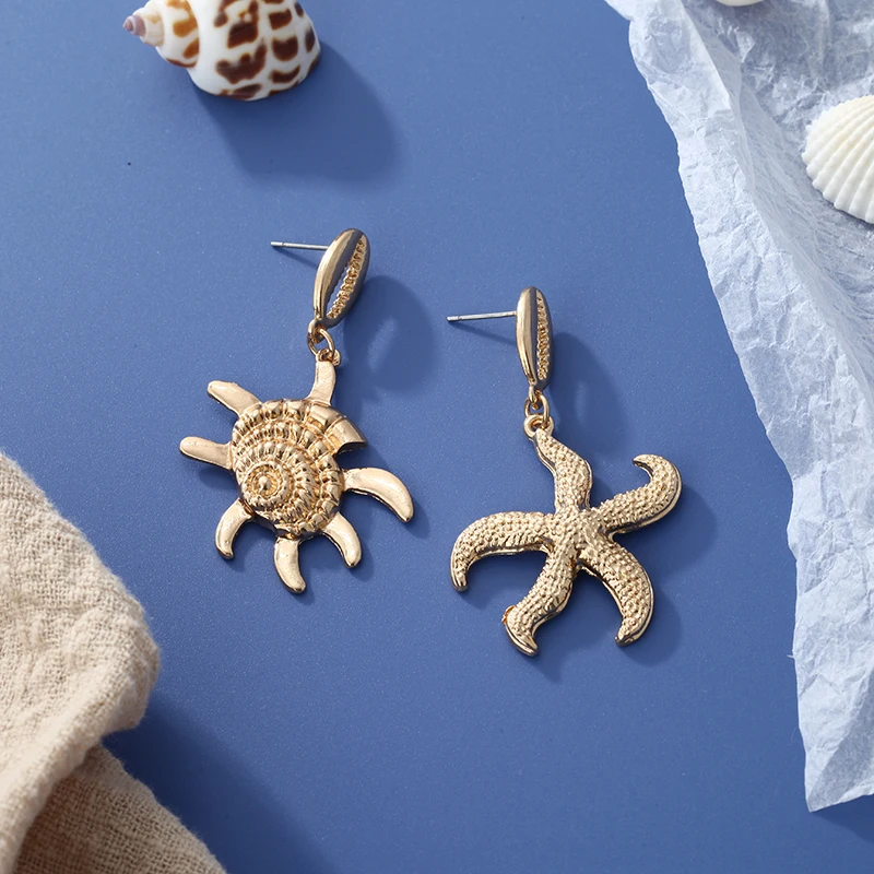 Корейские несимметричные золотые серьги в форме морской звезды висячие для