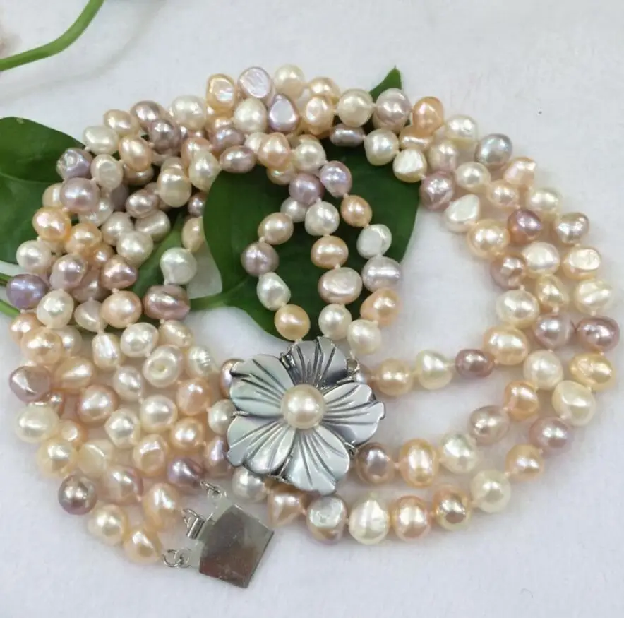 

NEW 3row 8-9mm Baroque White Pink Purple multicolor Freshwater Pearl Necklace 20 inches shell flowers clasp